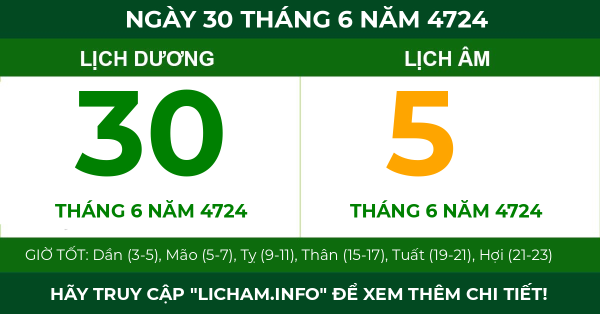 lịch âm ngày 30 tháng 6 năm 4724