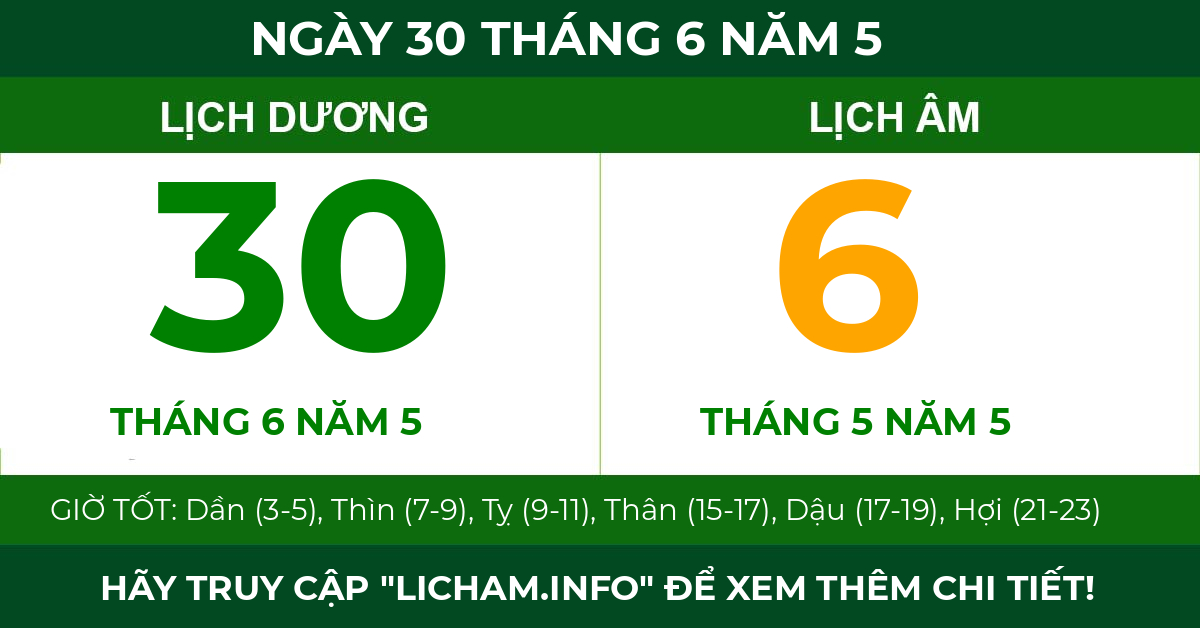 lịch âm ngày 30 tháng 6 năm 5
