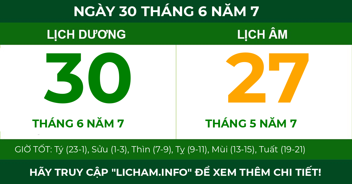 lịch âm ngày 30 tháng 6 năm 7