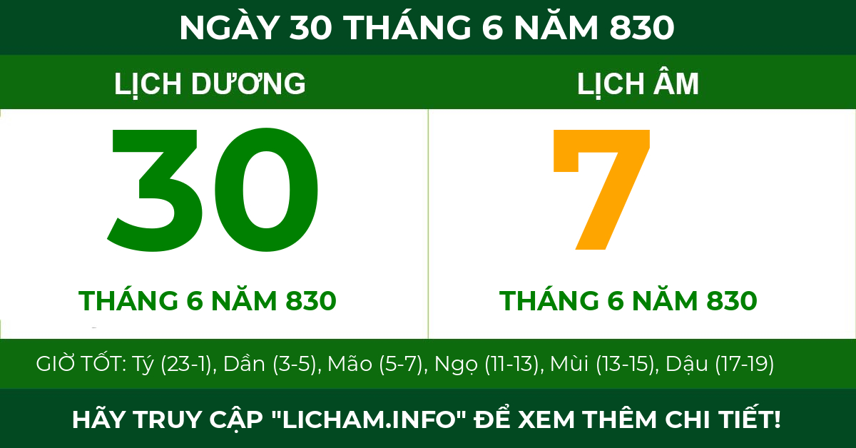 lịch âm ngày 30 tháng 6 năm 830