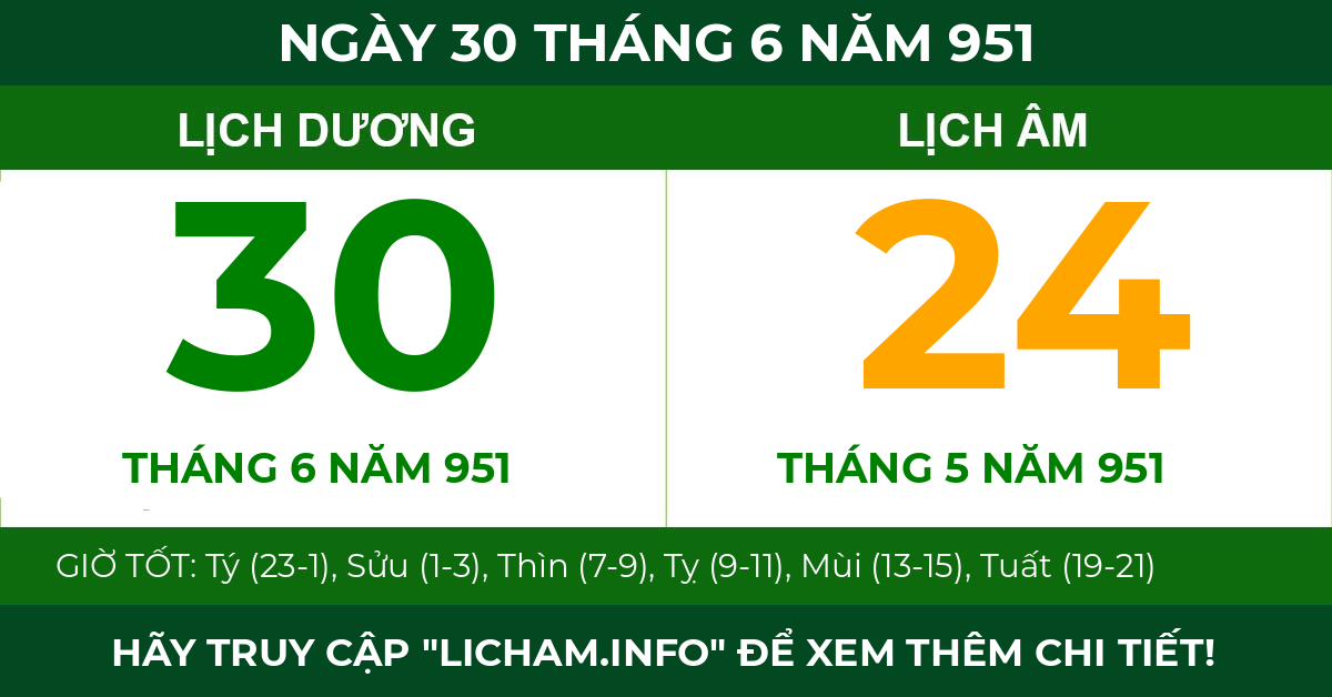 lịch âm ngày 30 tháng 6 năm 951