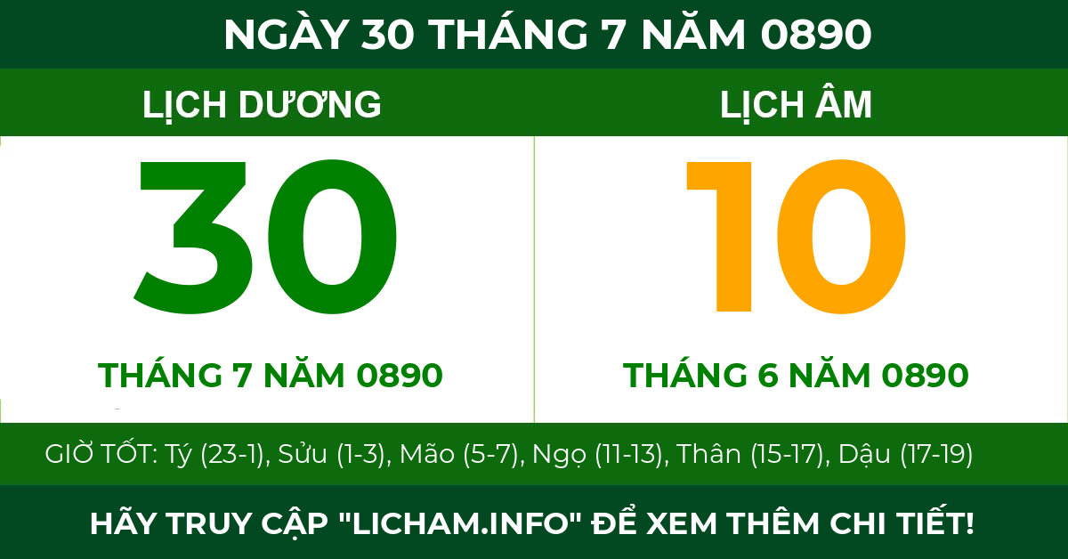 lịch âm ngày 30 tháng 7 năm 0890