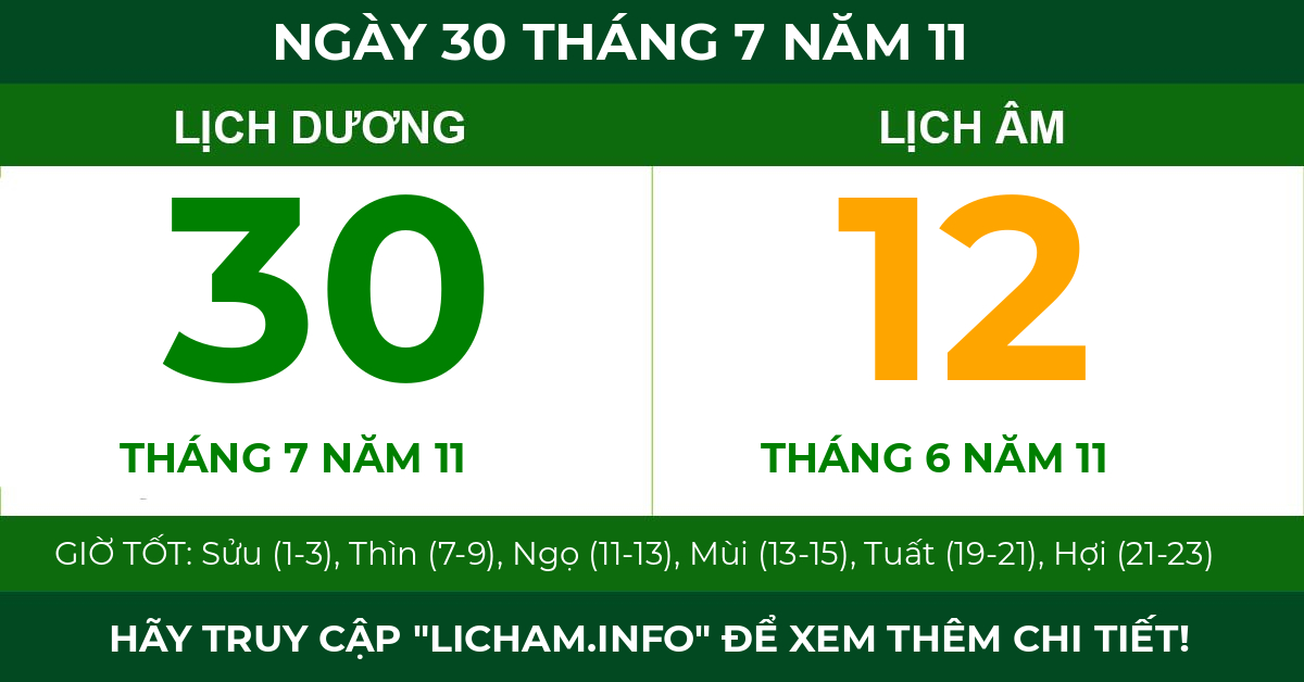 lịch âm ngày 30 tháng 7 năm 11