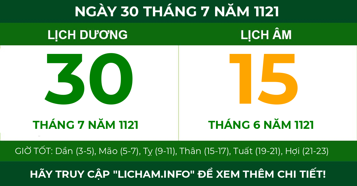 lịch âm ngày 30 tháng 7 năm 1121