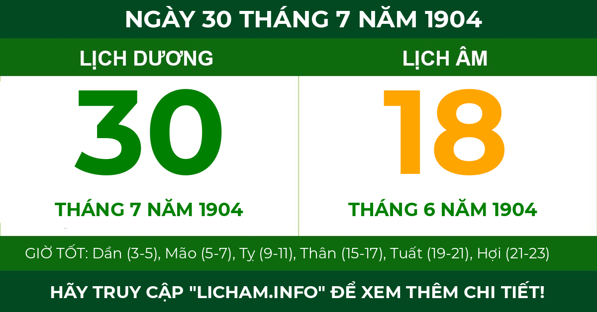 lịch âm ngày 30 tháng 7 năm 1904