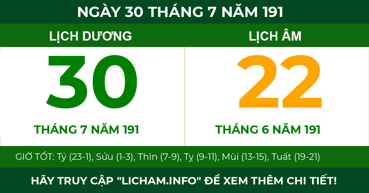 lịch âm ngày 30 tháng 7 năm 191