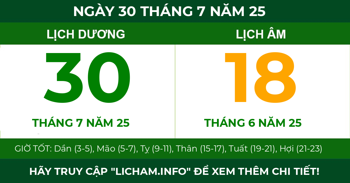 lịch âm ngày 30 tháng 7 năm 25
