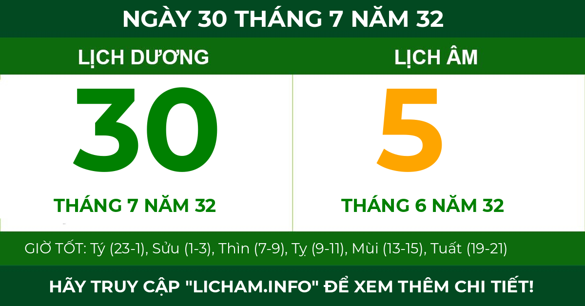 lịch âm ngày 30 tháng 7 năm 32