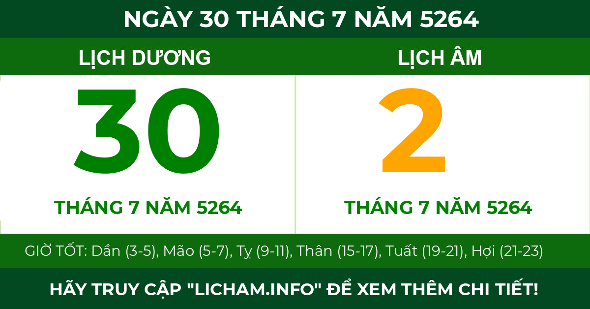lịch âm ngày 30 tháng 7 năm 5264