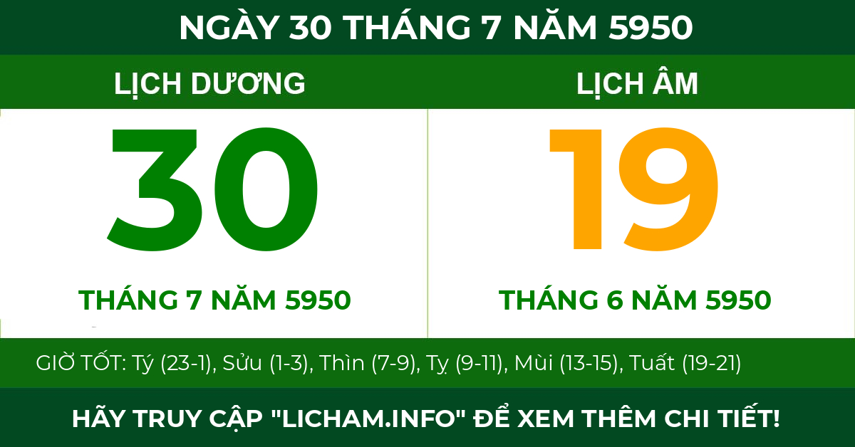 lịch âm ngày 30 tháng 7 năm 5950