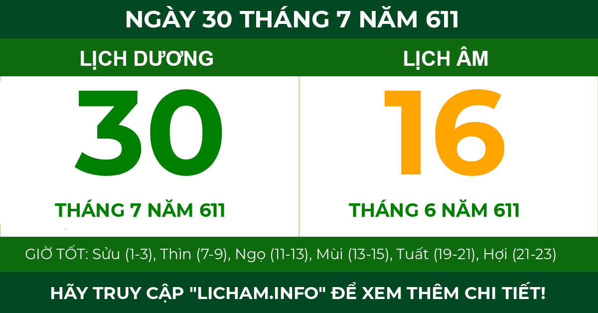 lịch âm ngày 30 tháng 7 năm 611
