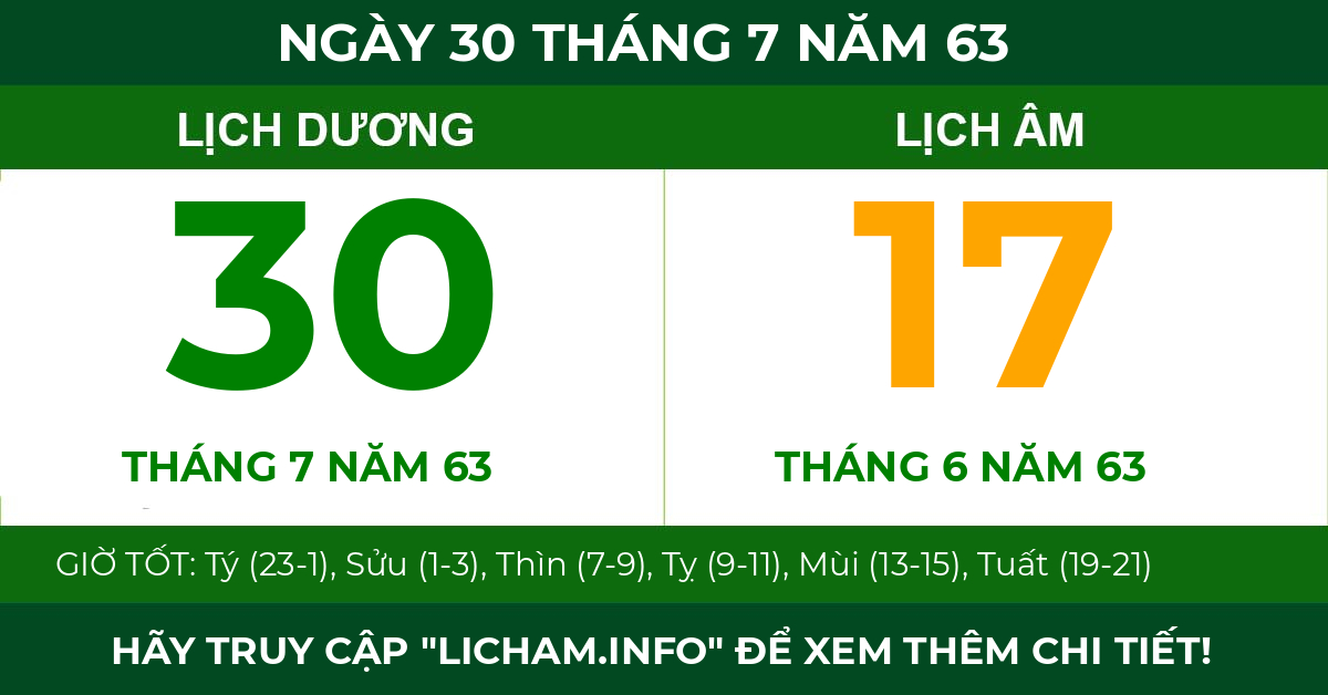 lịch âm ngày 30 tháng 7 năm 63