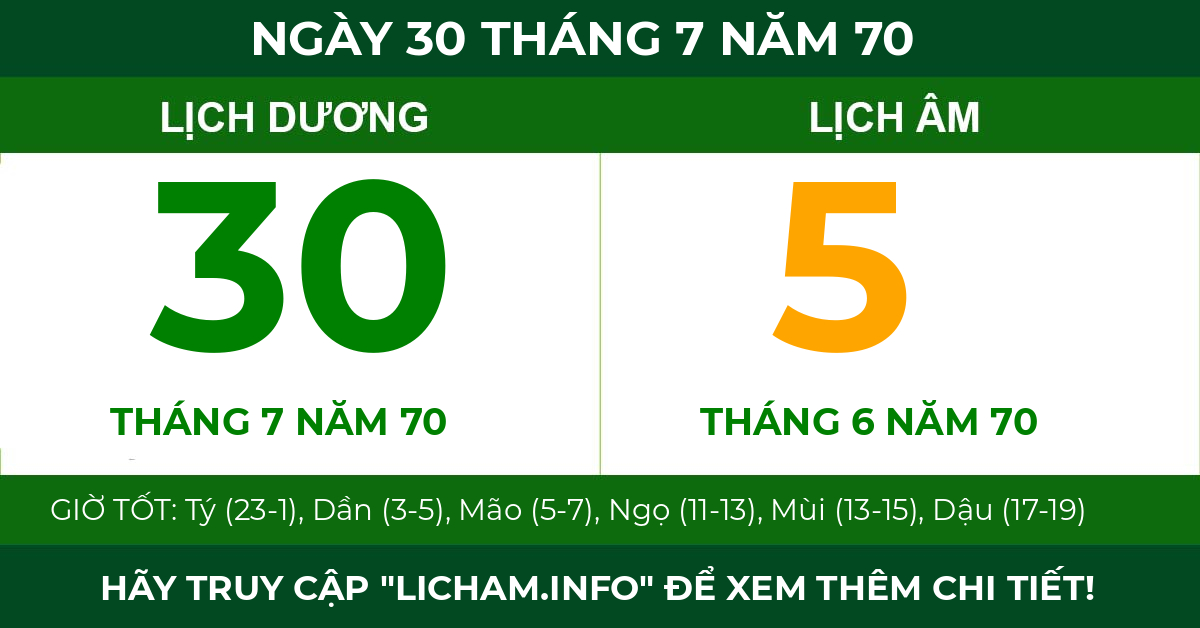 lịch âm ngày 30 tháng 7 năm 70