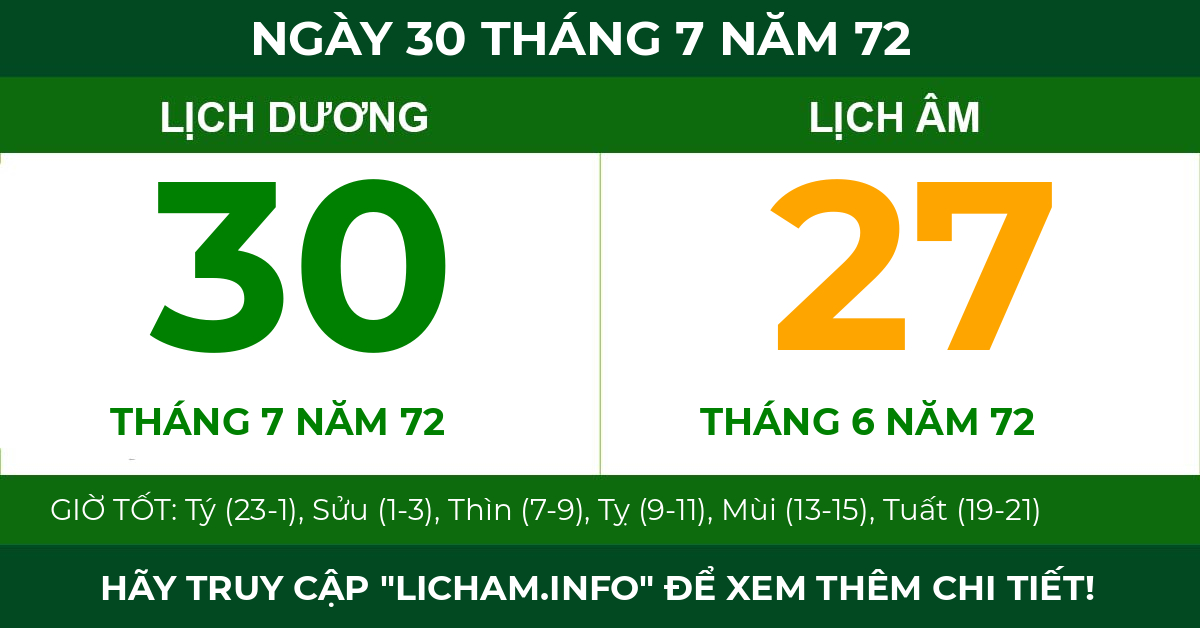 lịch âm ngày 30 tháng 7 năm 72