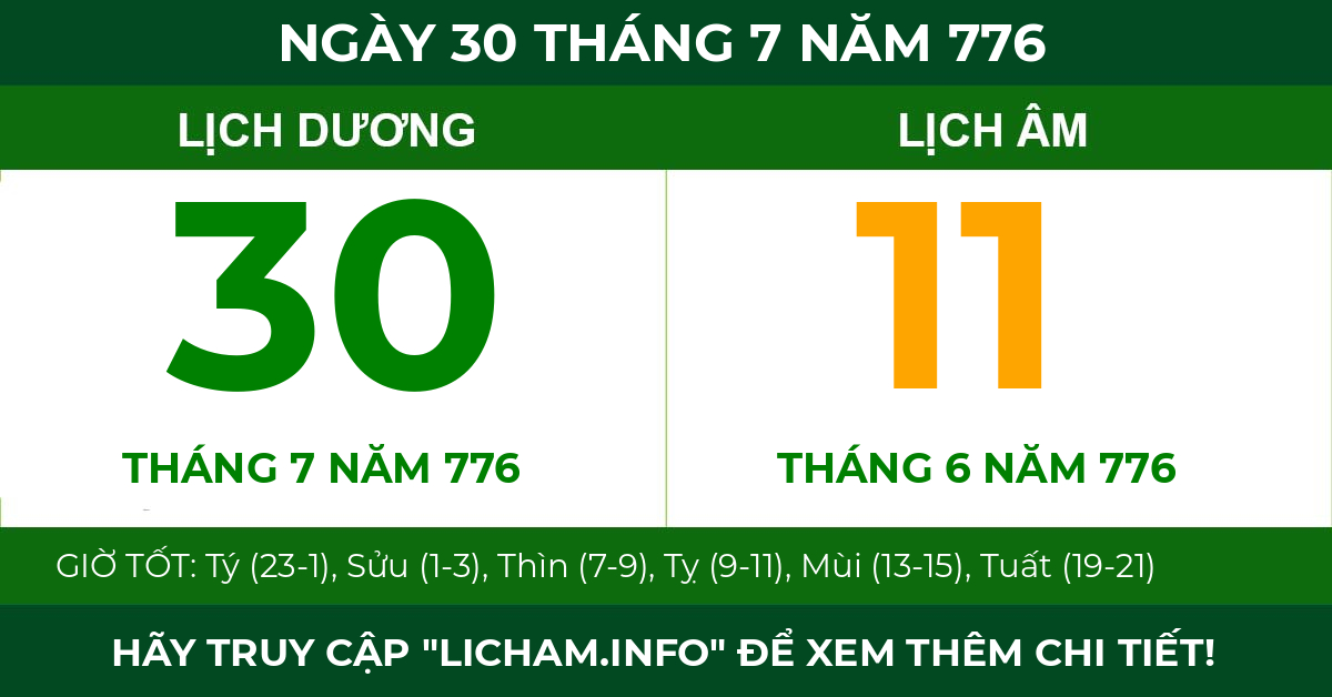 lịch âm ngày 30 tháng 7 năm 776