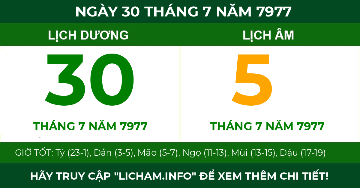 lịch âm ngày 30 tháng 7 năm 7977