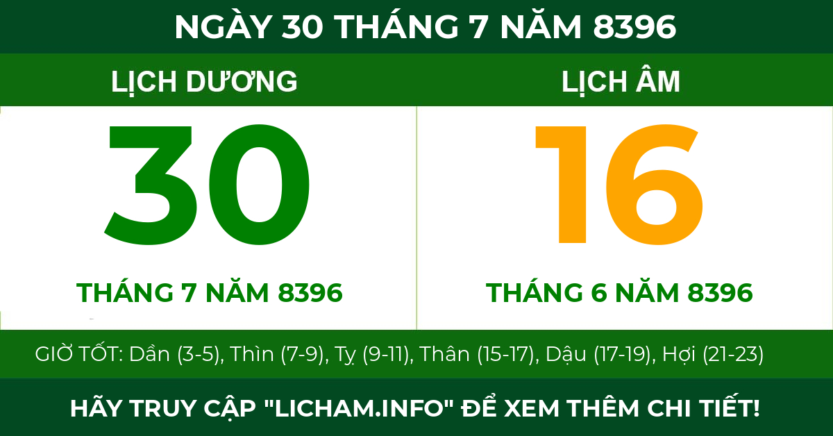lịch âm ngày 30 tháng 7 năm 8396