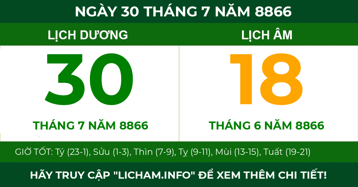 lịch âm ngày 30 tháng 7 năm 8866