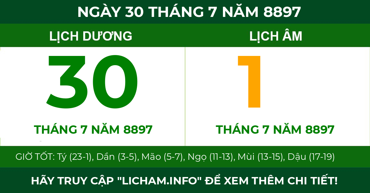 lịch âm ngày 30 tháng 7 năm 8897