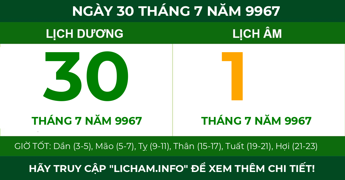 lịch âm ngày 30 tháng 7 năm 9967