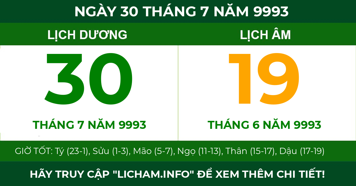 lịch âm ngày 30 tháng 7 năm 9993