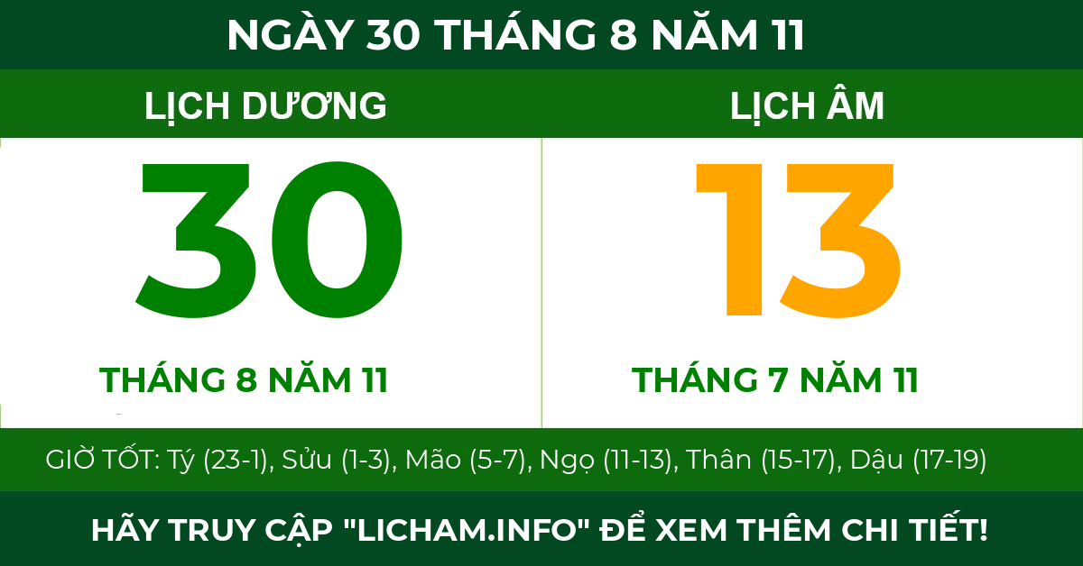 lịch âm ngày 30 tháng 8 năm 11