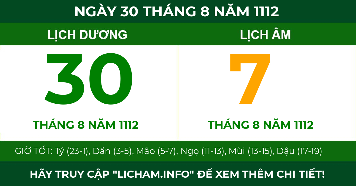 lịch âm ngày 30 tháng 8 năm 1112