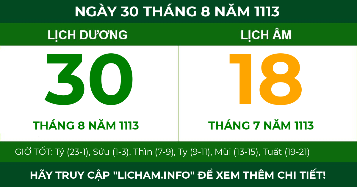 lịch âm ngày 30 tháng 8 năm 1113