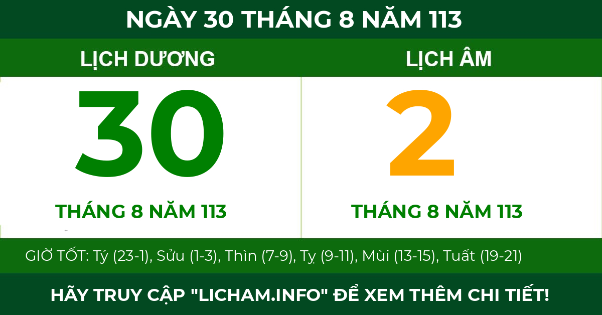 lịch âm ngày 30 tháng 8 năm 113