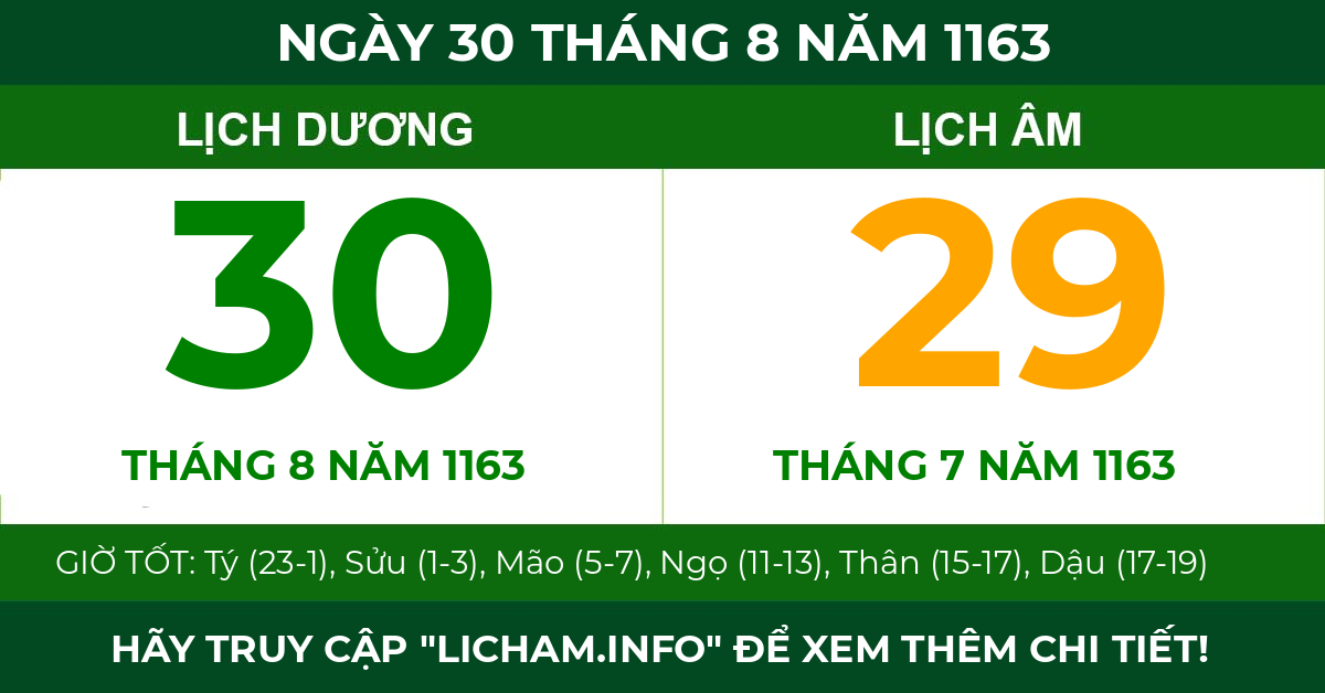 lịch âm ngày 30 tháng 8 năm 1163