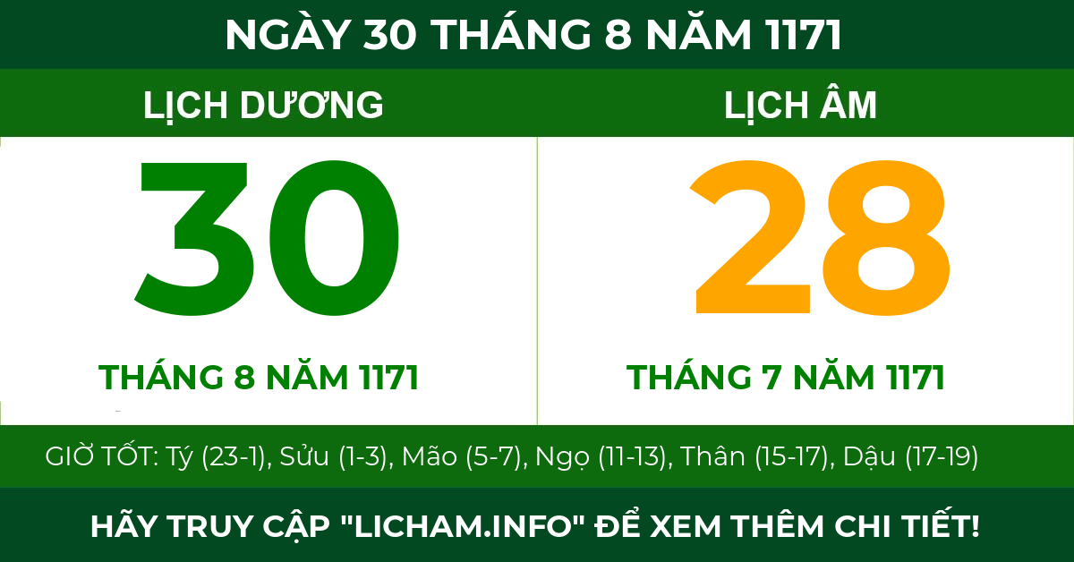 lịch âm ngày 30 tháng 8 năm 1171