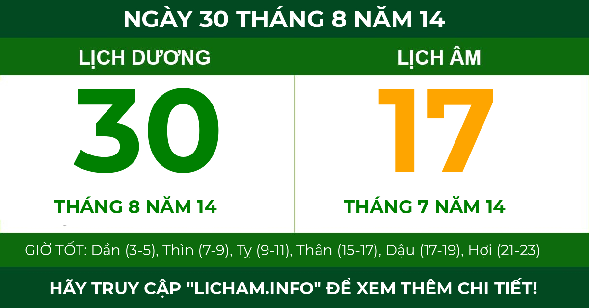 lịch âm ngày 30 tháng 8 năm 14