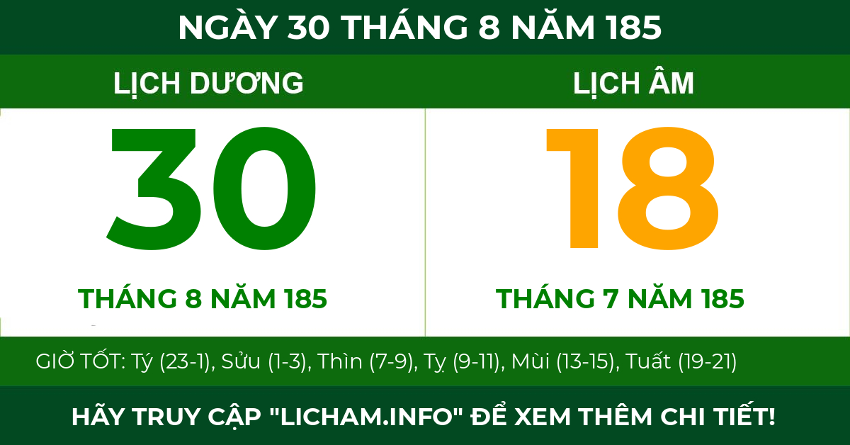 lịch âm ngày 30 tháng 8 năm 185