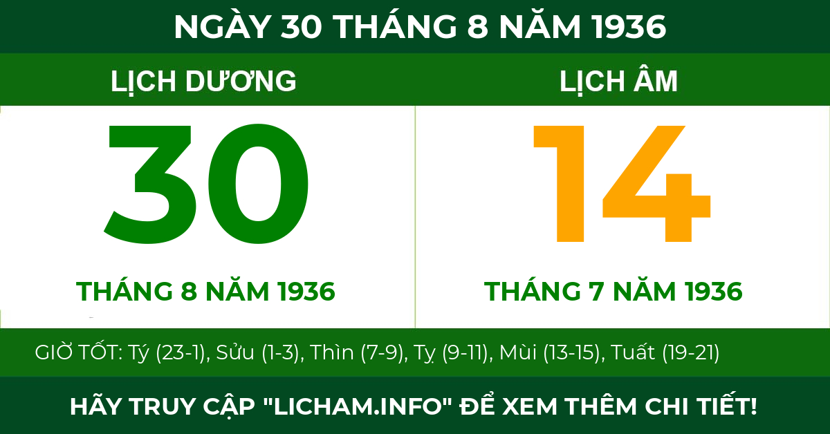 lịch âm ngày 30 tháng 8 năm 1936