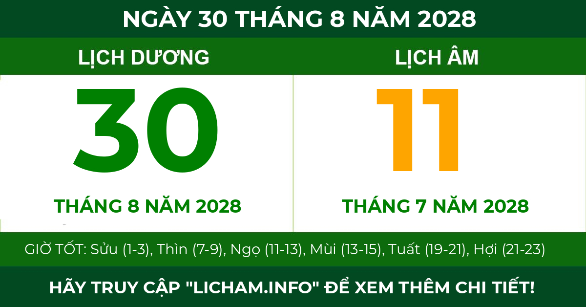 lịch âm ngày 30 tháng 8 năm 2028