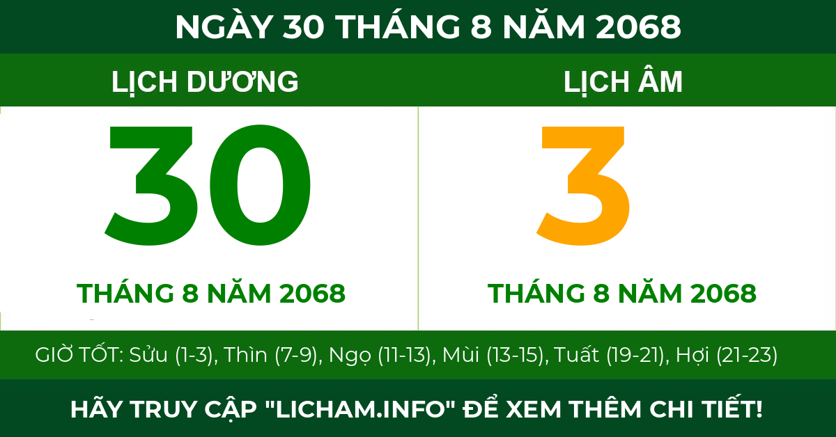 lịch âm ngày 30 tháng 8 năm 2068