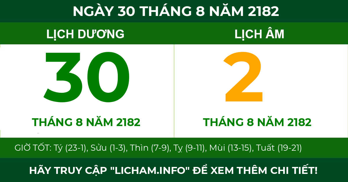 lịch âm ngày 30 tháng 8 năm 2182