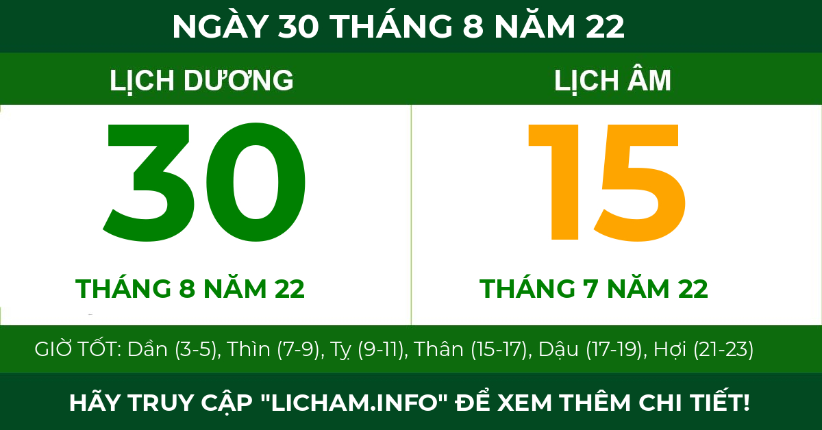 lịch âm ngày 30 tháng 8 năm 22