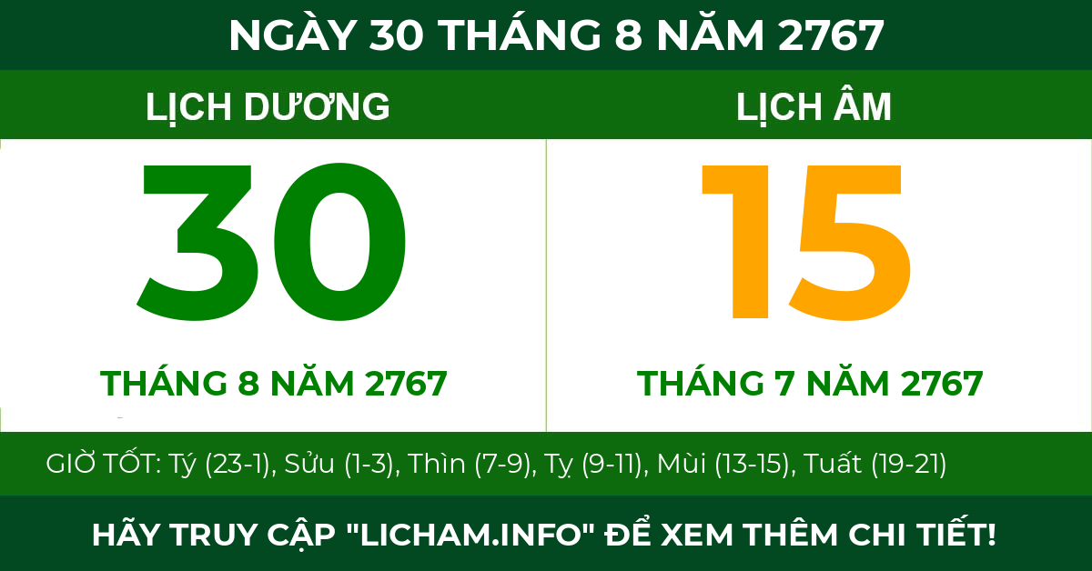 lịch âm ngày 30 tháng 8 năm 2767