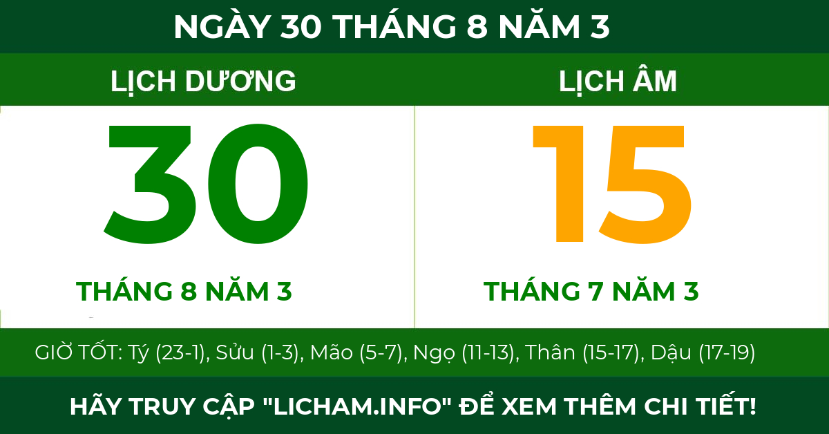lịch âm ngày 30 tháng 8 năm 3