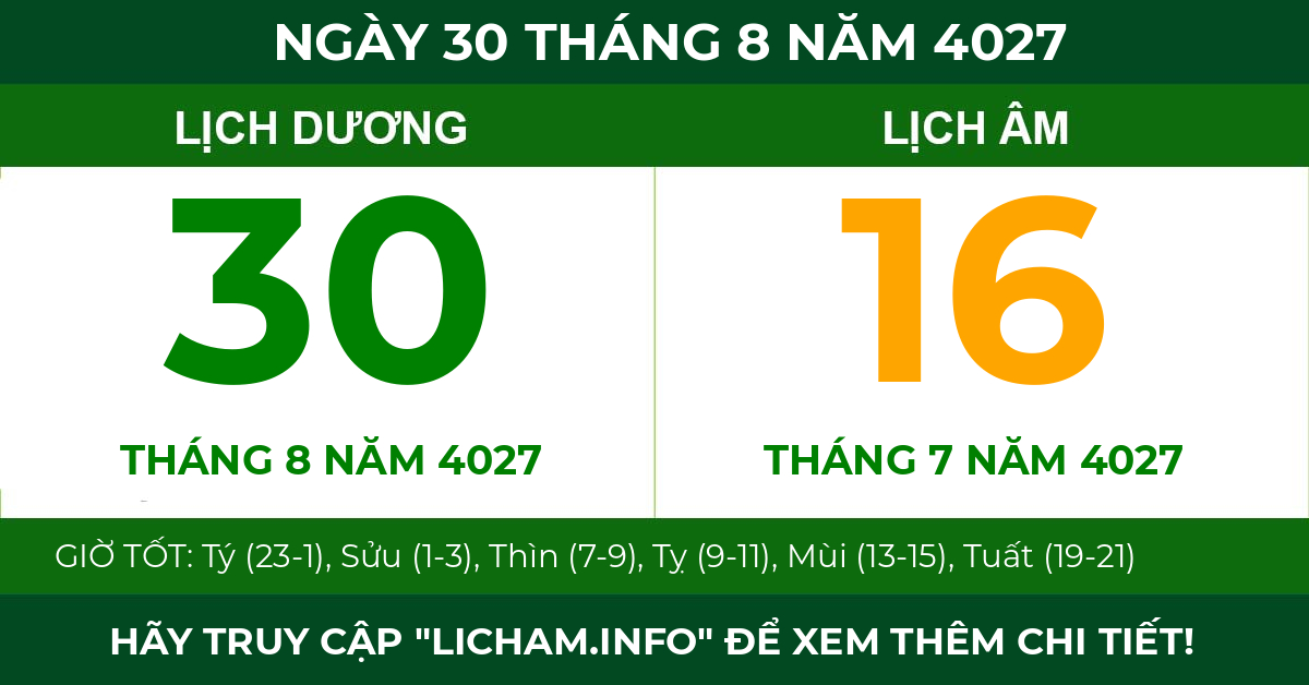 lịch âm ngày 30 tháng 8 năm 4027