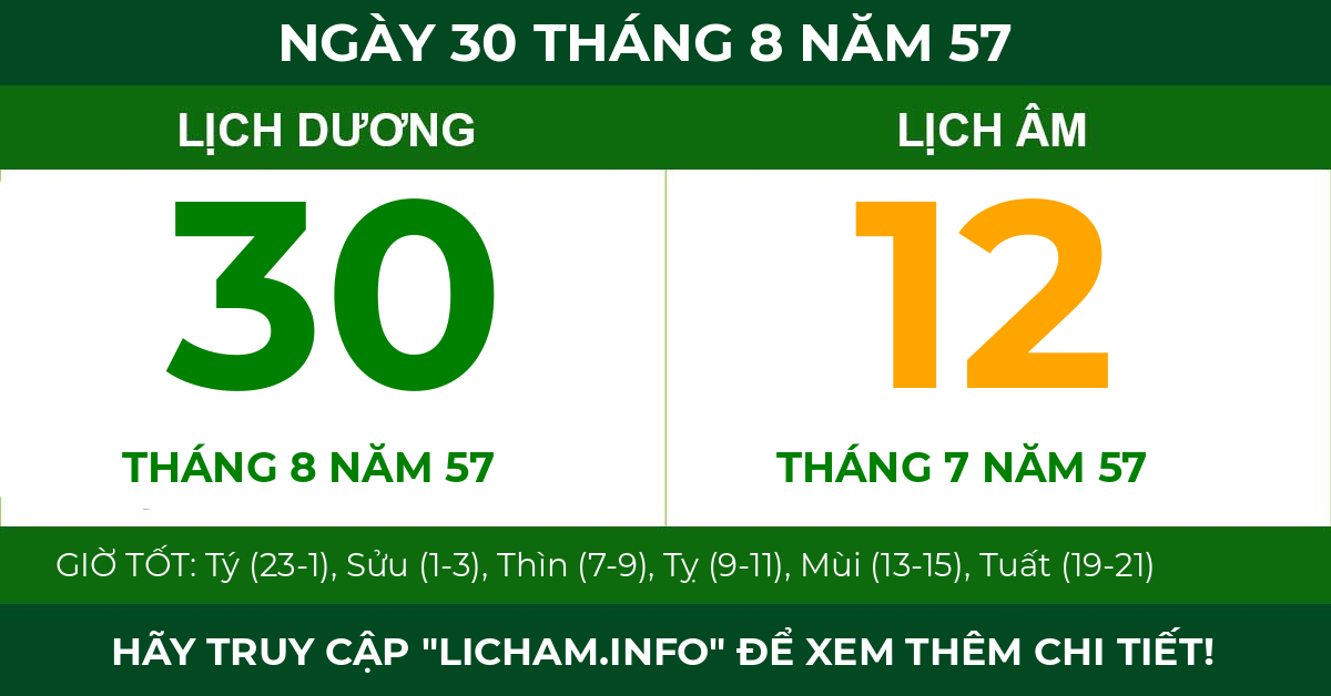 lịch âm ngày 30 tháng 8 năm 57