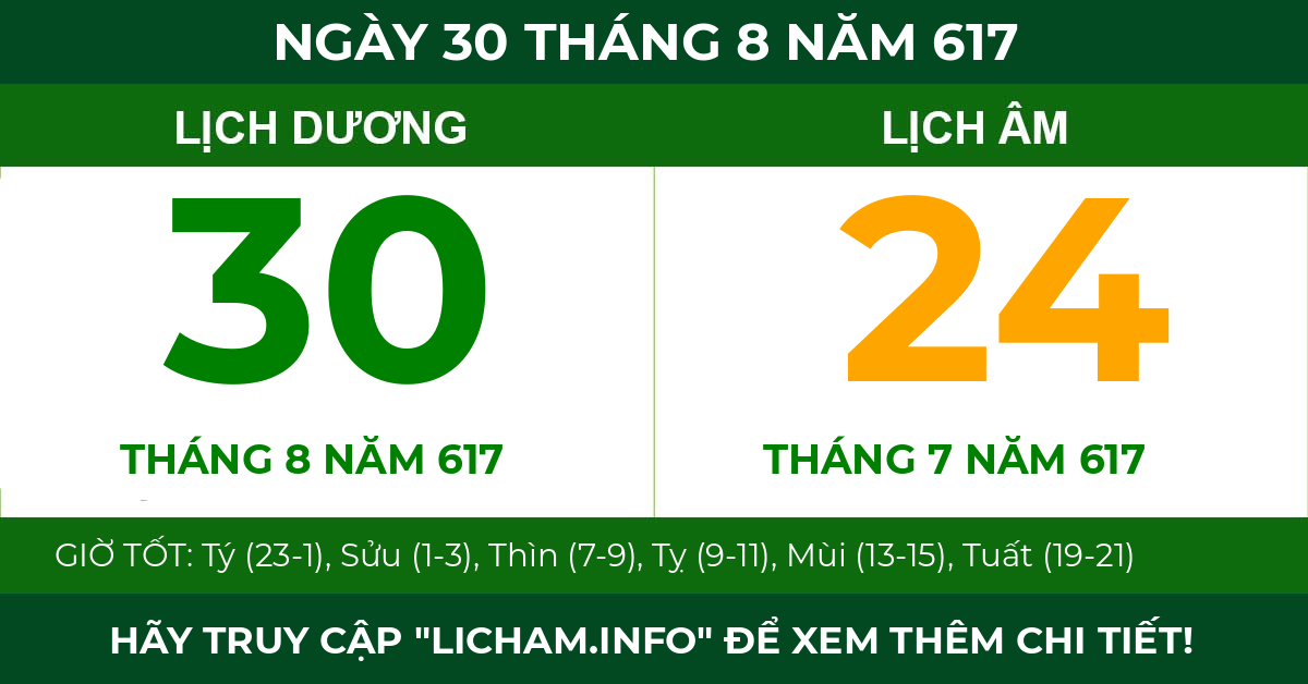 lịch âm ngày 30 tháng 8 năm 617