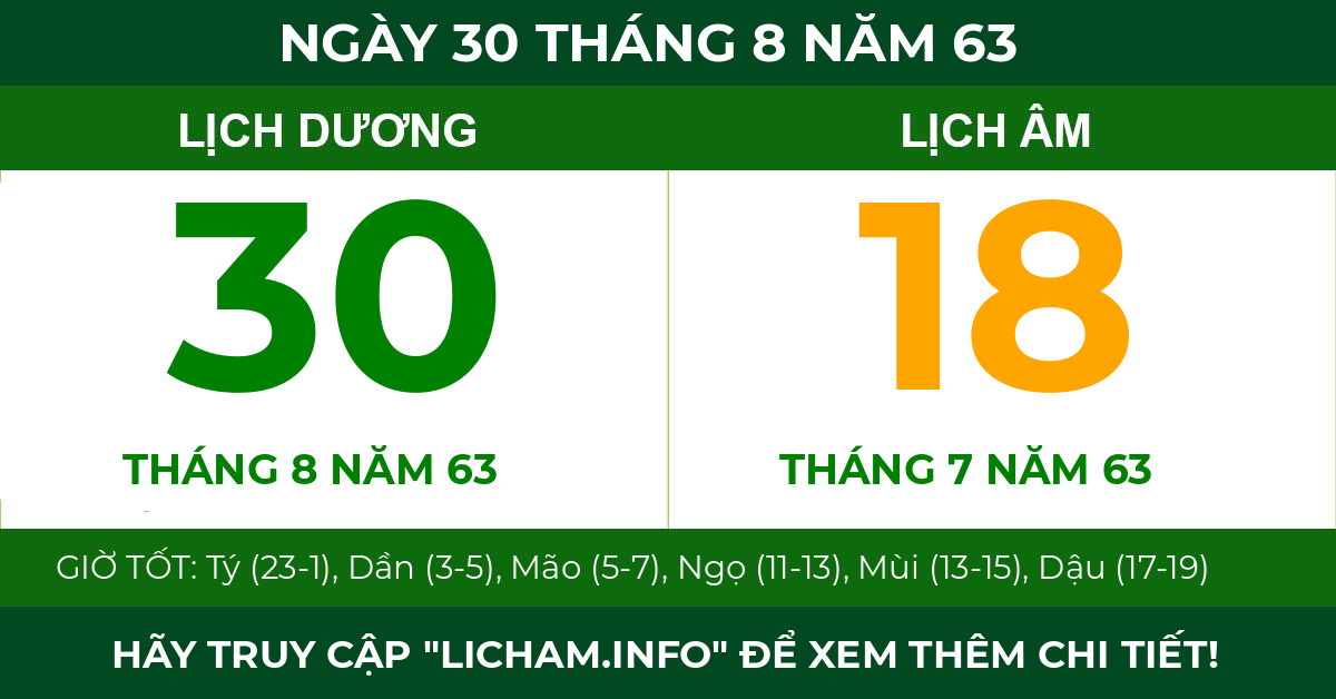 lịch âm ngày 30 tháng 8 năm 63