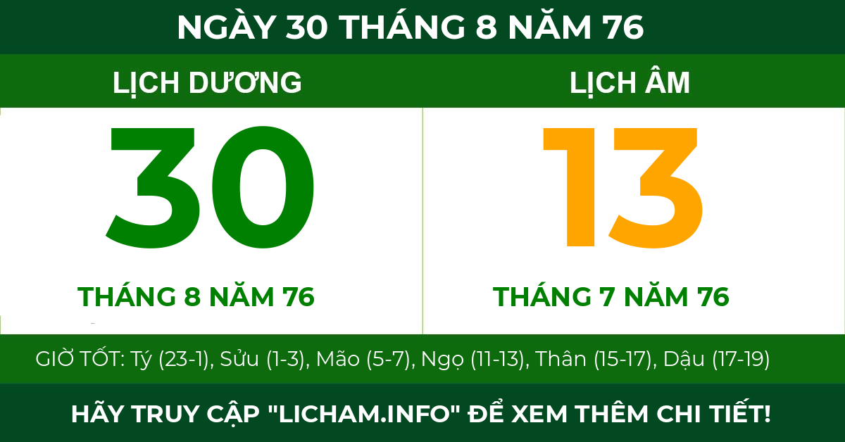 lịch âm ngày 30 tháng 8 năm 76