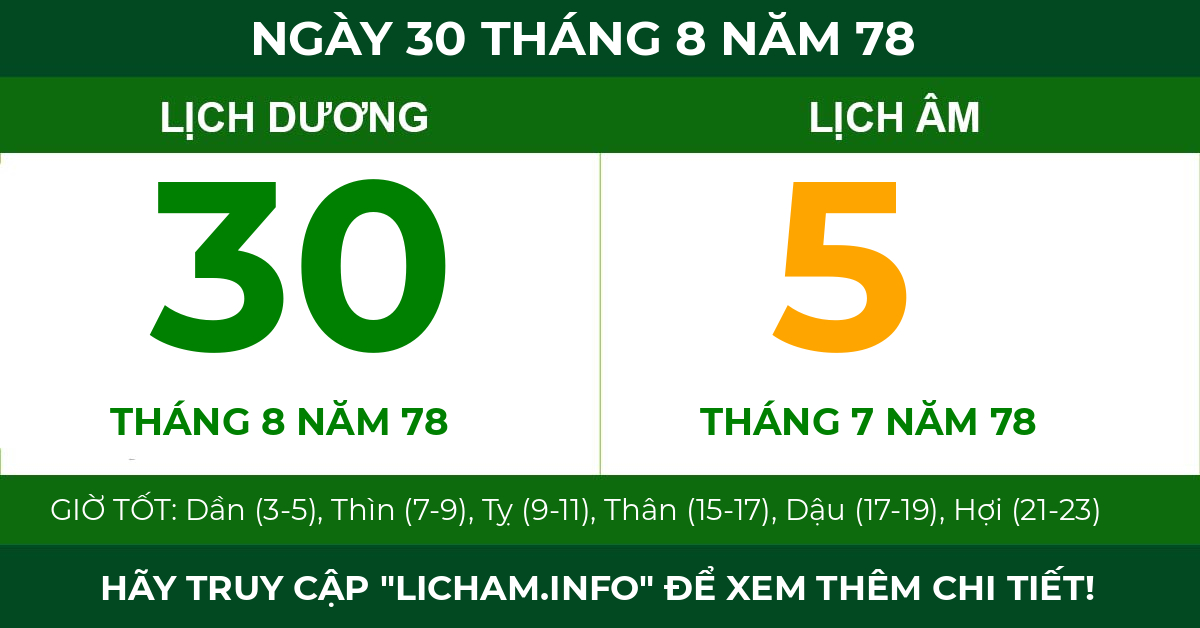 lịch âm ngày 30 tháng 8 năm 78