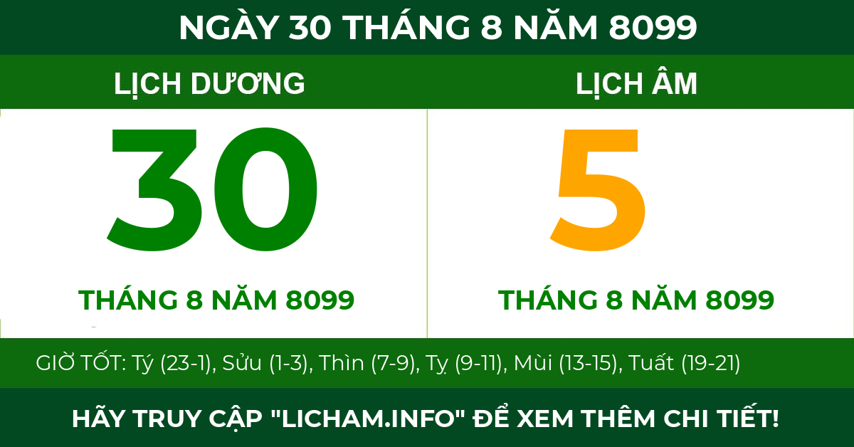 lịch âm ngày 30 tháng 8 năm 8099