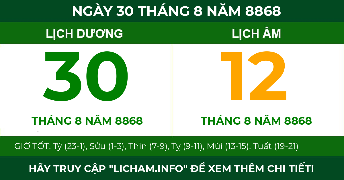 lịch âm ngày 30 tháng 8 năm 8868