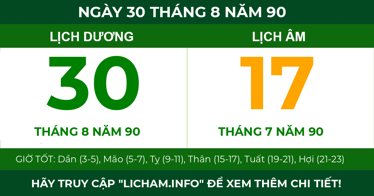 lịch âm ngày 30 tháng 8 năm 90