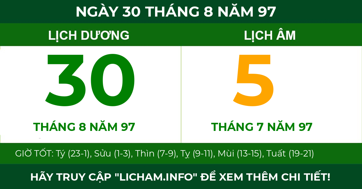 lịch âm ngày 30 tháng 8 năm 97